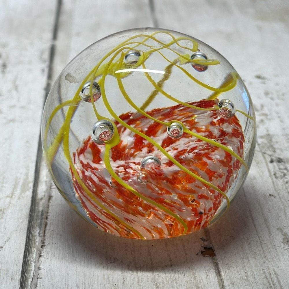 Art Glass Dome‎ Paperweight Yellow Swirl Red White Controlled Bubbles